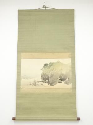西井敬岳筆　夏山水　肉筆絹本掛軸（保護箱）